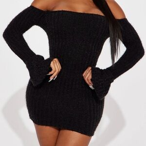 Black fuzzy knit mini dress